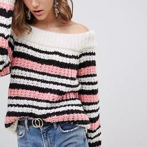 River Island Sweaters | River Island Off The Shoulder Pink Stripe Knit Sweater Size 12 | Color: Black/Pink | Size: 12 | Blissandbeauty's Closet